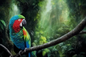 Colorful parrot in rainforest.