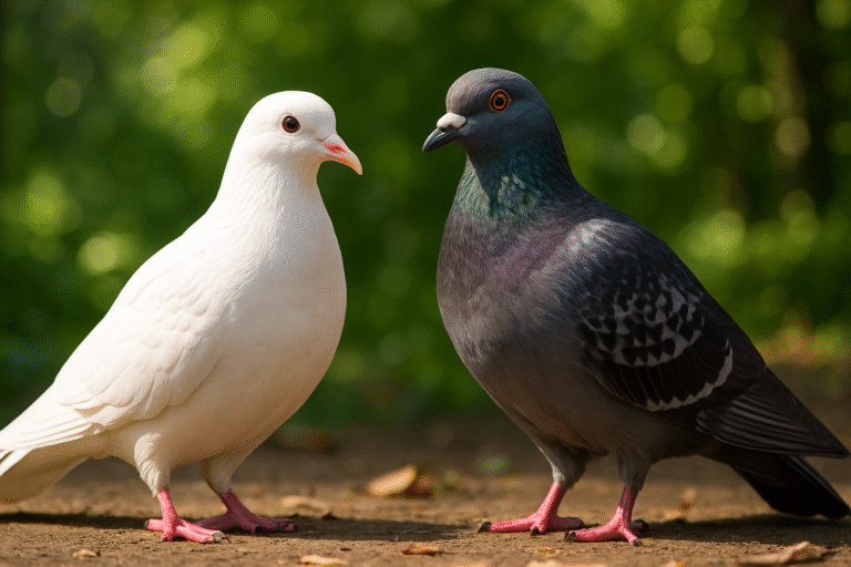 White dove and grey pigeon in forest